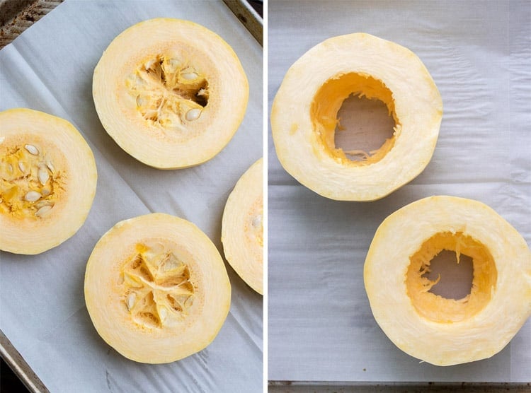 Collage of raw spaghetti squash on a pan cut in half and with seeds taken out.