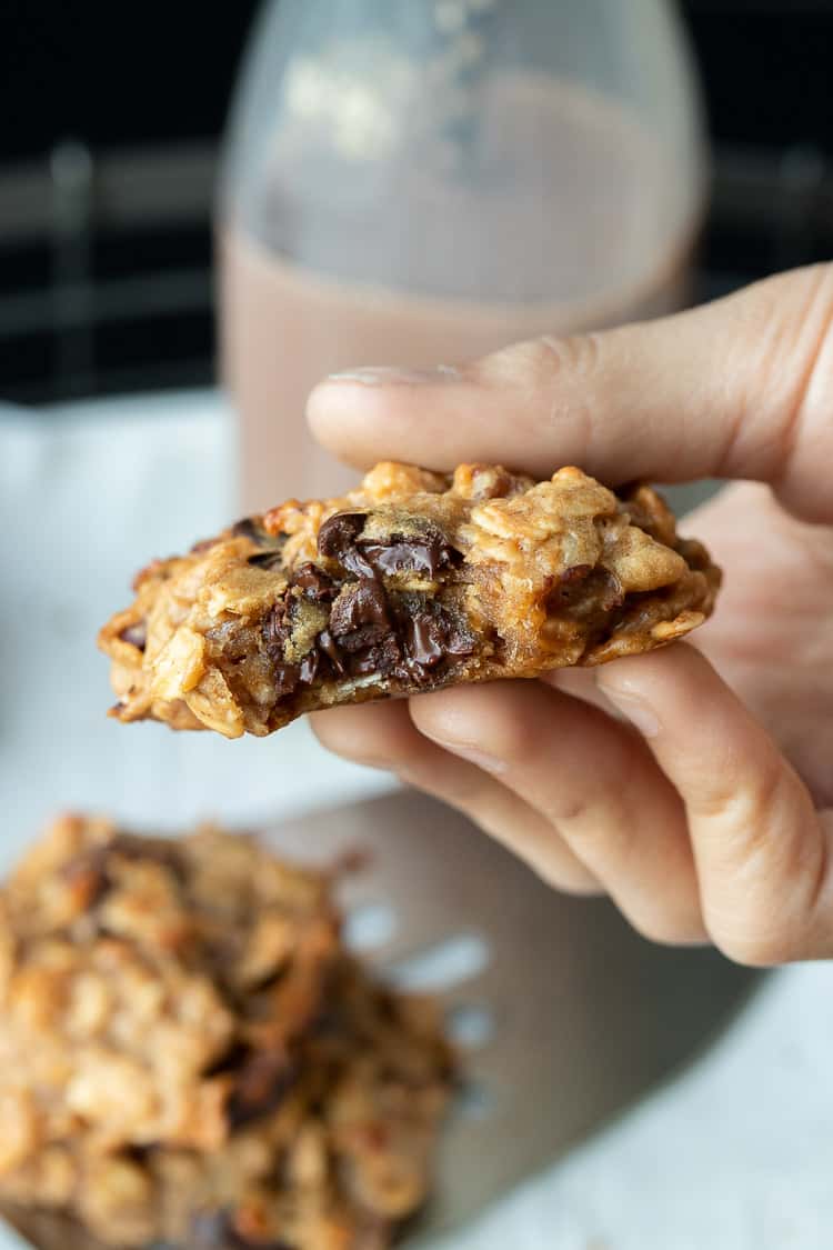 Hand holding an oatmeal chocolate chip cookie with a bite out of it