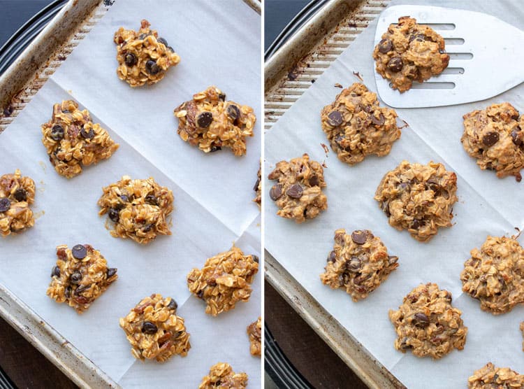 Collage of raw and baked oatmeal chocolate chip cookie batter on a parchment paper lined cookie sheet