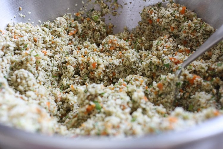 A close up of a cauliflower burger mix ready to be molded