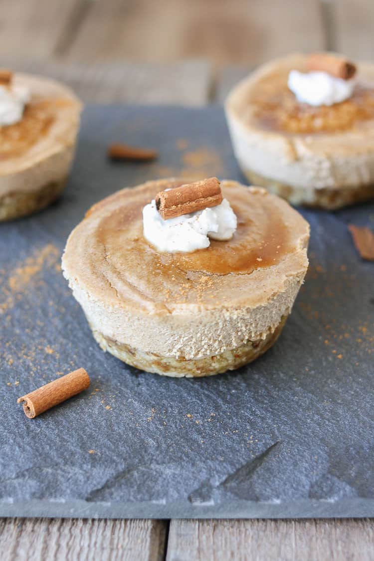 A close up of Raw vegan churro cheesecake cups