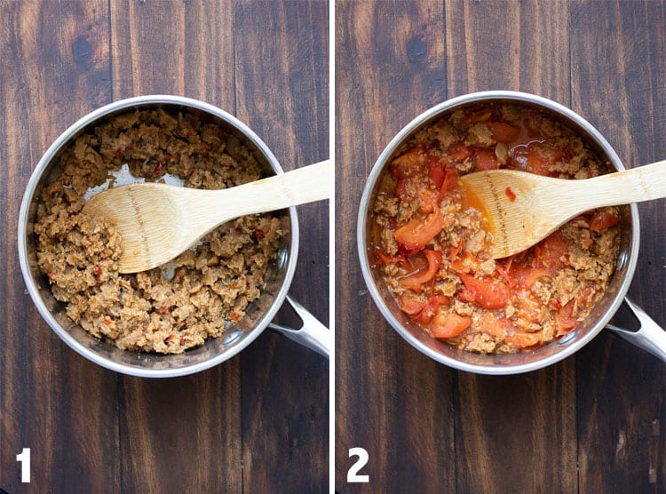 Collage of sausage and tomato being cooked in a metal pot