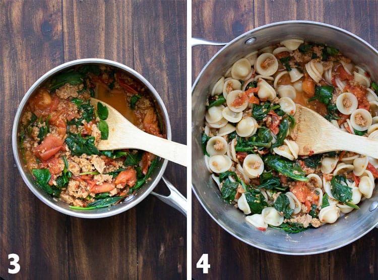 Collage of sausage spinach tomato pasta sauce cooking in a pot