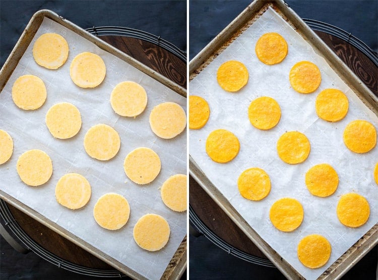 Collage of raw and baked rounds of polenta on a parchment lined cookie sheet