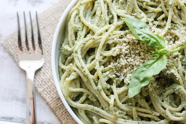 Lemon Hemp Seed Pesto tossed with spaghetti in a big bowl