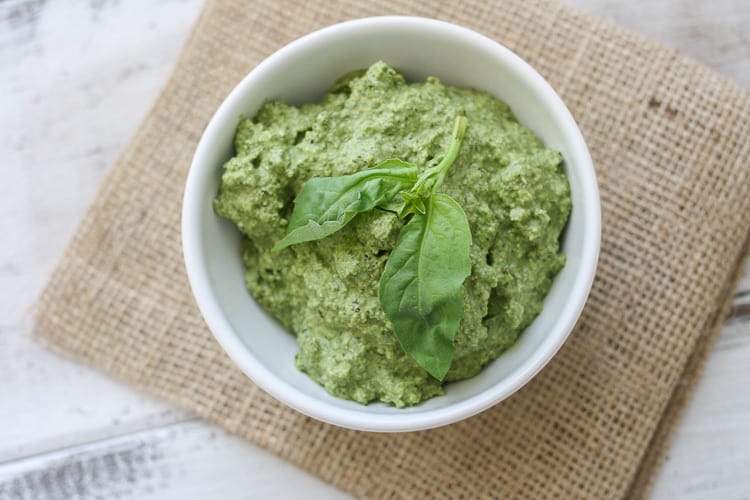 Lemon Hemp Seed Pesto in a small white bowl