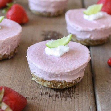 A close up of Raw strawberry margarita cheesecake cups