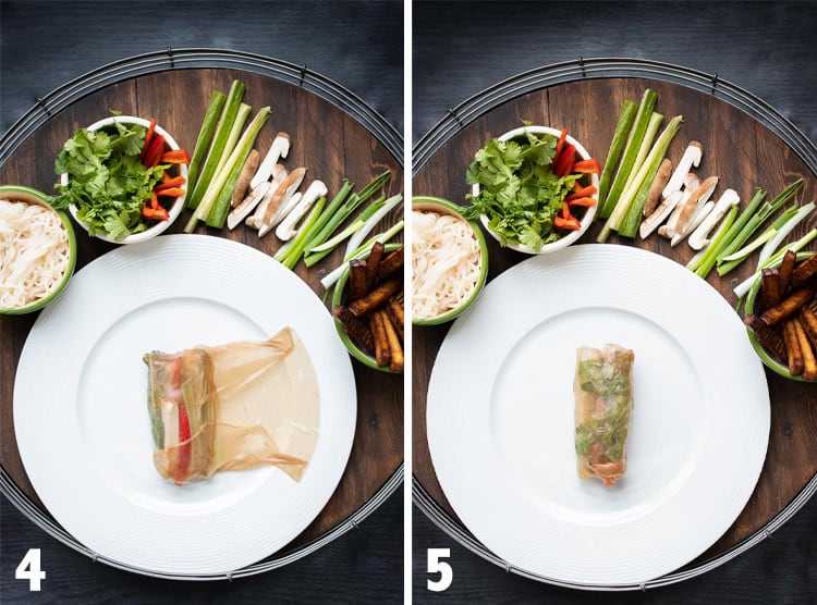 Collage of veggies being wrapped into rice paper like a burrito