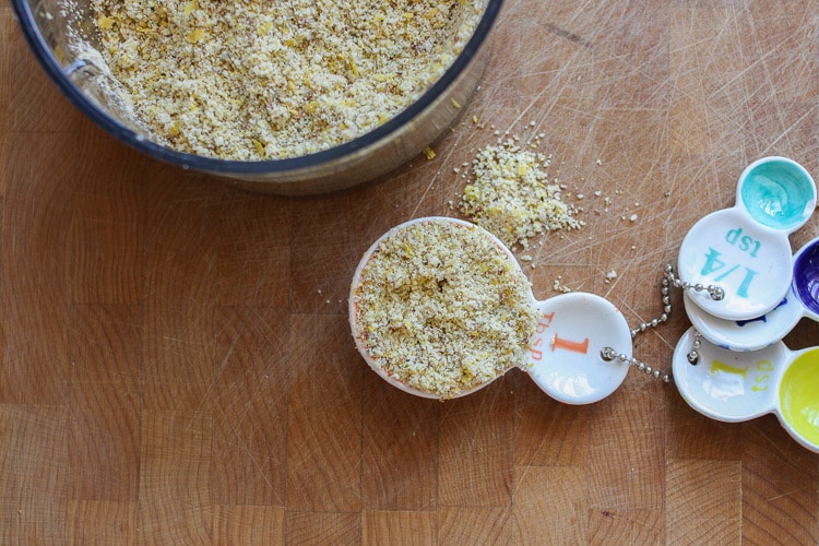 A tablespoon of Hemp Almond Parmesan for sprinkling on Potato Chip Rounds 