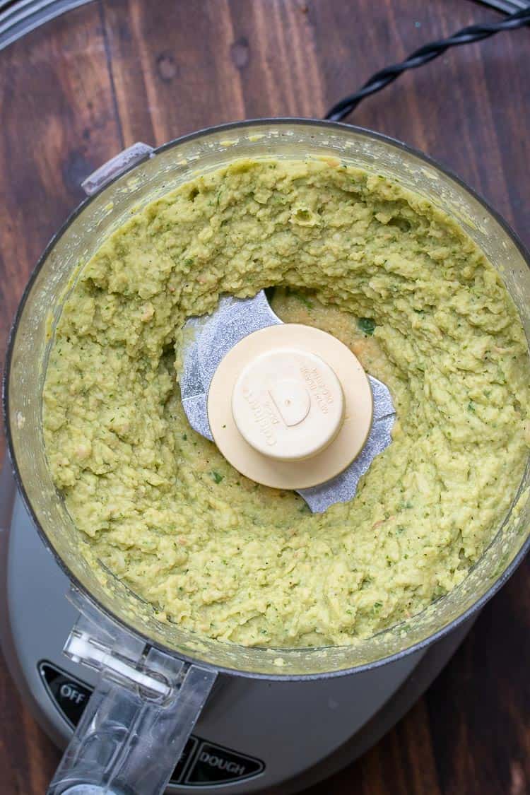Top view of hummus pureed in the food processor