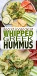 A light and airy whipped consistency with hints of lemon and Kalamata olives. This flavorful Greek hummus recipe is the perfect appetizer or snack! #hummusrecipe #greekrecipes