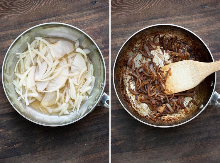 Collage of the before and after of onions caramelizing in a pan