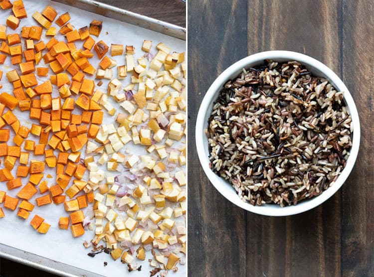 Collage of roasted butternut squash and apples and cooked wild rice