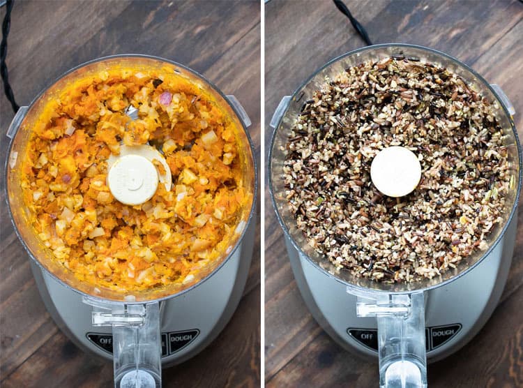 Collage of butternut squash mix and wild rice mix in food processors.