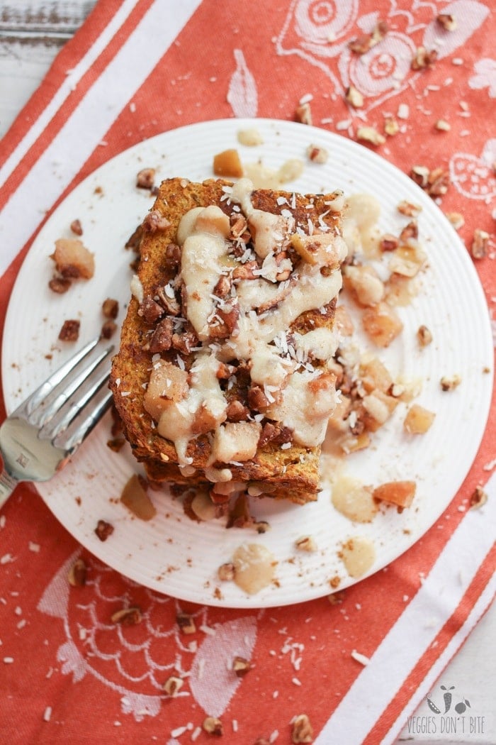 Cinnamon apple french toast on a plate with a fork