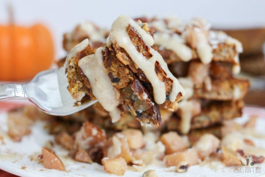 A bite of Cinnamon apple french toast on a fork