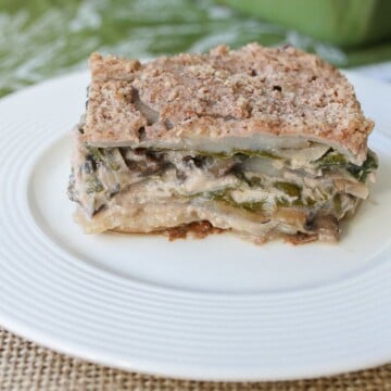 A slice of veggie casserole on a plate