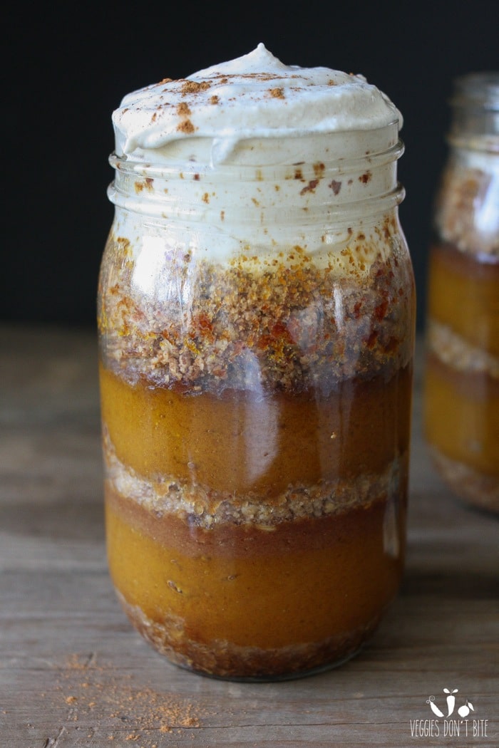 Raw or Baked Layered Pumpkin Caramel Pie in a Mason Jar