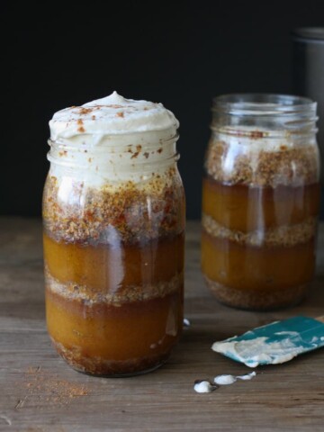 Raw or Baked Layered Pumpkin Caramel Pie in a Mason Jar