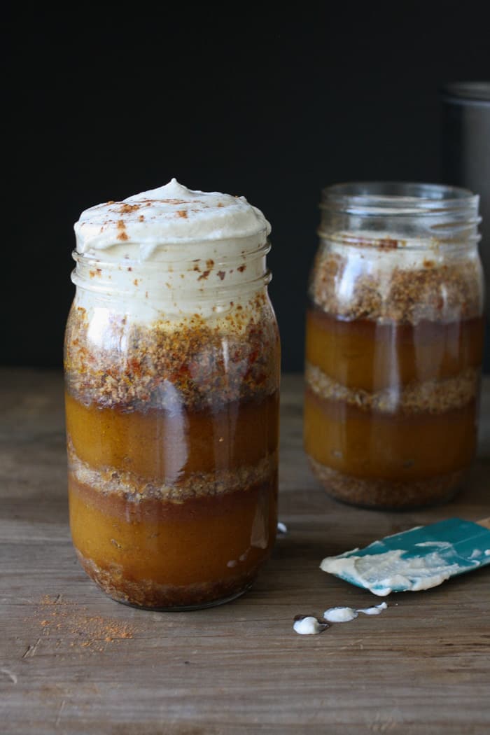 Raw or Baked Layered Pumpkin Caramel Pie in a Mason Jar