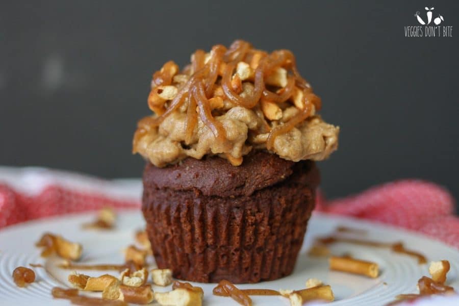 Dark chocolate cupcakes with salted caramel pretzel frosting