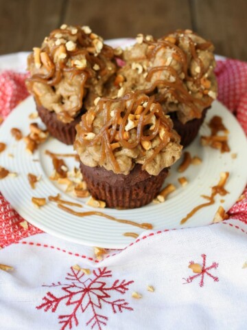 Dark chocolate cupcakes with salted caramel pretzel frosting