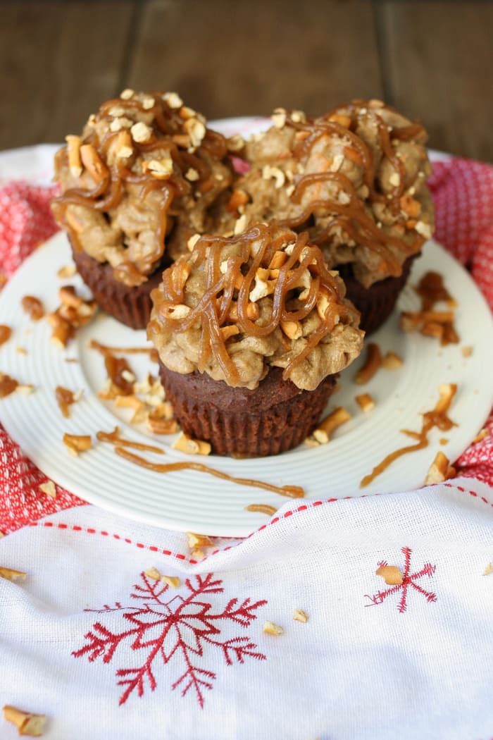 Dark chocolate cupcakes with salted caramel pretzel frosting