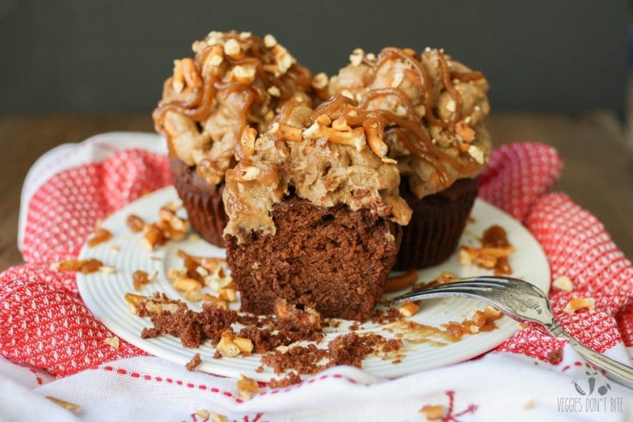 Dark chocolate cupcakes with salted caramel pretzel frosting