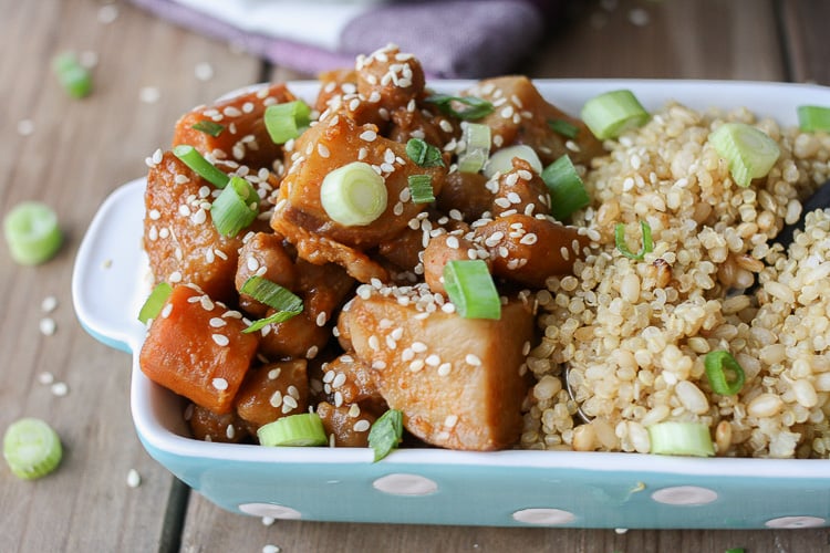 A close up of a Korean Quinoa Bowl with Chickpeas, Carrots & Potatoes