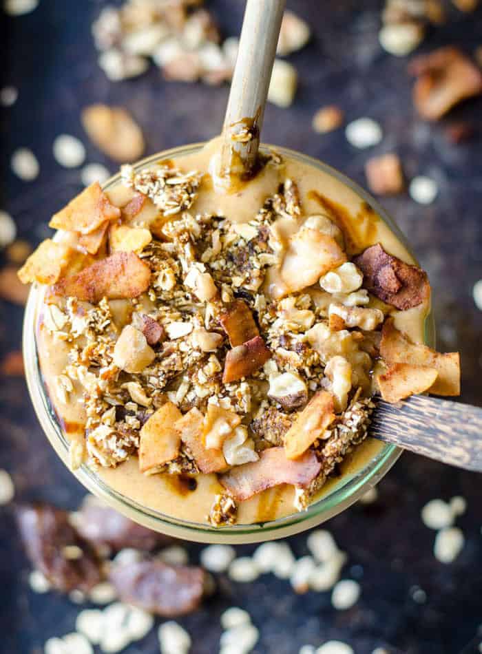 Top view of a hazelnut pumpkin shake topped with granola and coconut