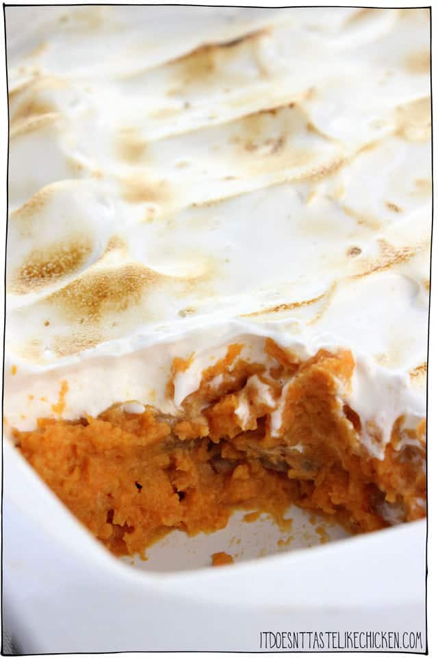 Baking dish with sweet potatoes and topped with marshmallow fluff