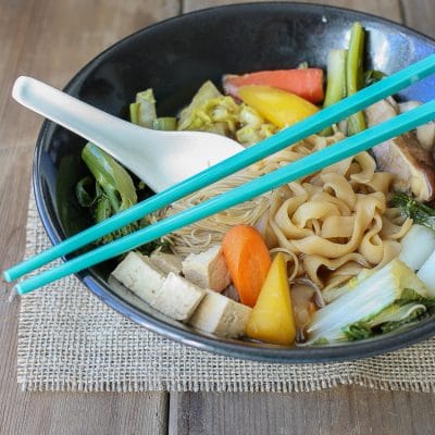 A close up of a vegan Sukiyaki in a bowl