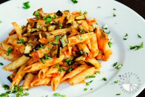 caramelized onion, roasted eggplant and tomato penne pasta