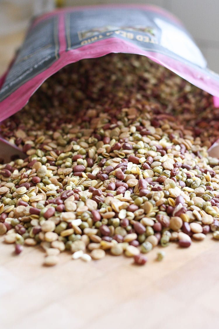 An open packet of sprouted bean mix on it's side used for making a tahini power bowl