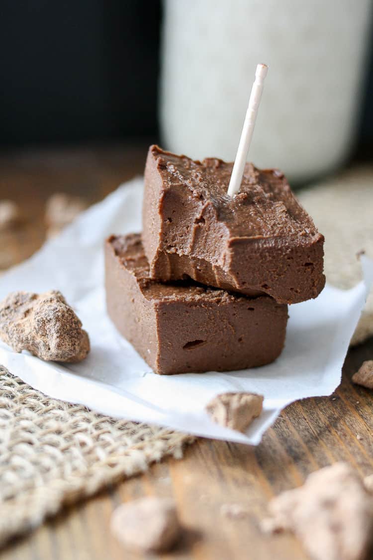 A close up of Sriracha tahini fudge with a bite out