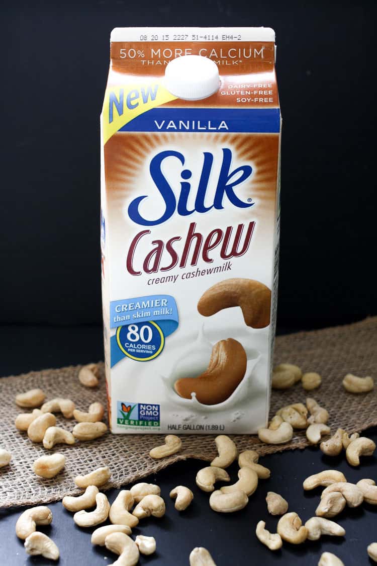 A product shot of silk cashew milk used for making Sriracha tahini fudge