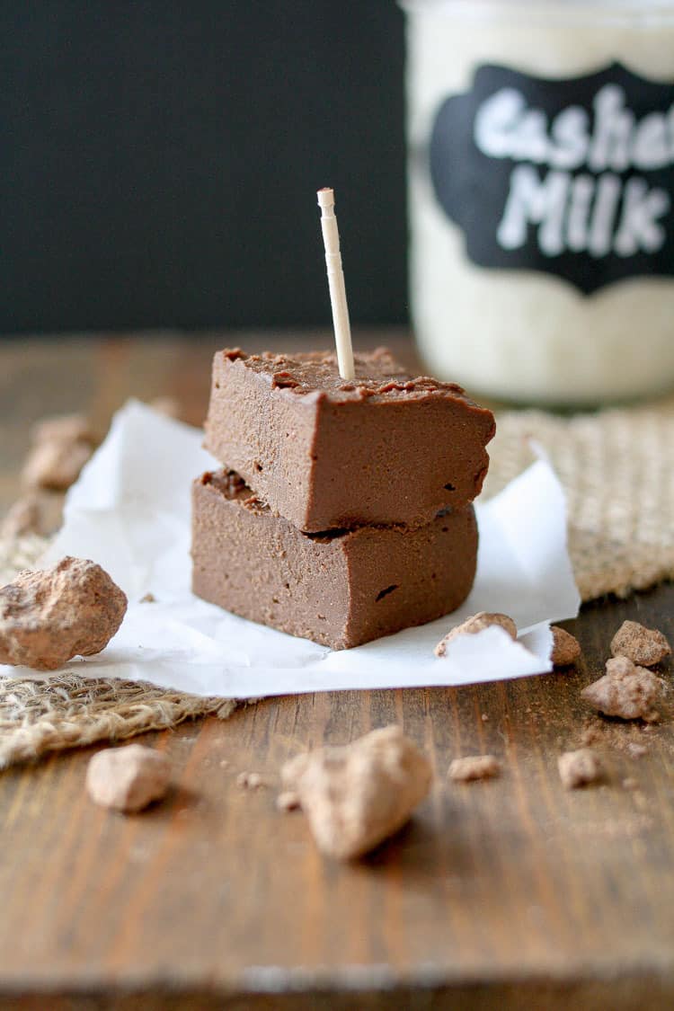 Two squares of Sriracha tahini fudge stacked on top of each other