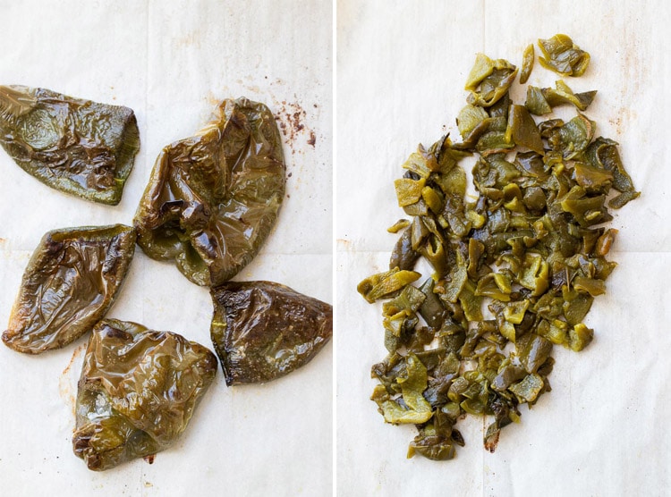 Collage of whole roasted and then chopped poblano peppers