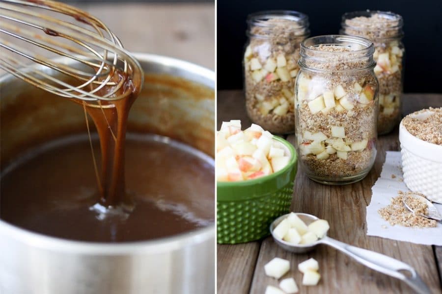 Caramel sauce in a saucepan with a whisk and apple pecan pies in jars