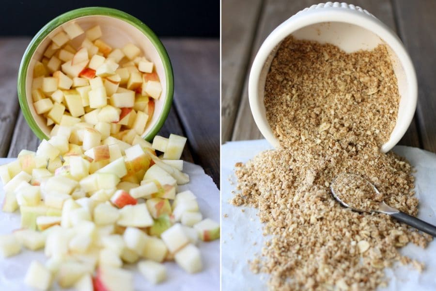 Chopped apples in a bowl and a crumb topping for making caramel pecan pie