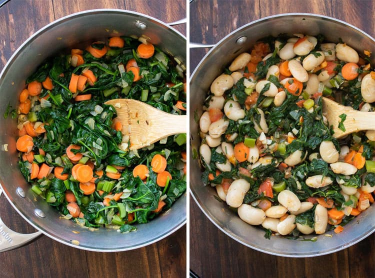 Collage of spinach and carrots cooking in a pot and added beans to the mixture