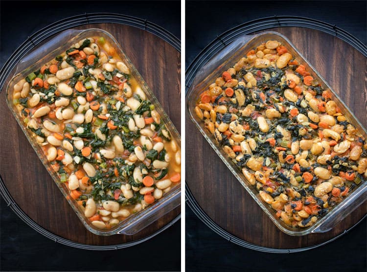 Collage of lima beans and veggies in a glass baking dish and then baked