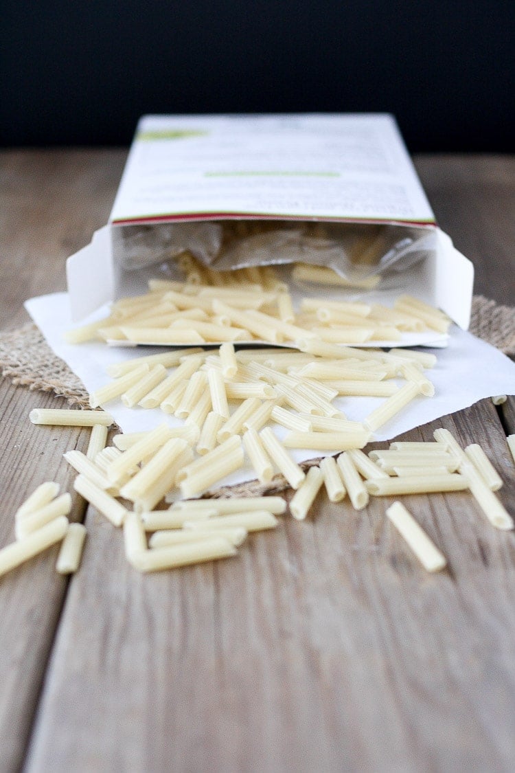 A photo of an open box of pasta used to make roasted butternut squash spinach pasta