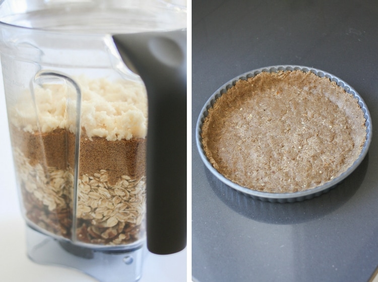 Collage of blender filled with pecan crust ingredients and raw crust in a pie tin