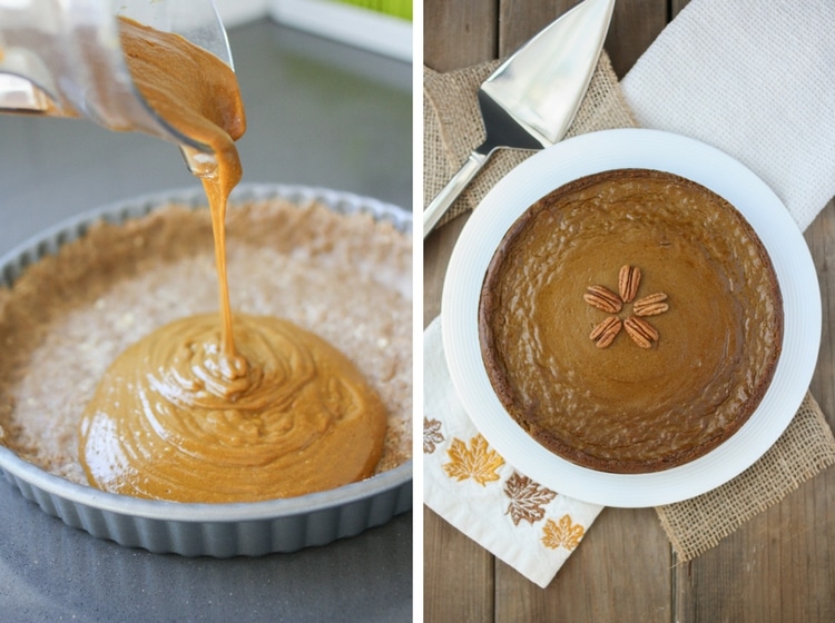 Collage of raw pumpkin pie filling pie pecan crust and then baked pie