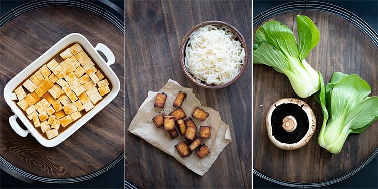 Collage of steps to make bok choy noodle soup