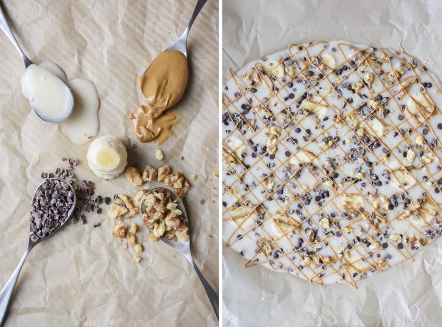 Two process shots for making Vegan Chunky Monkey Frozen Yogurt Bark