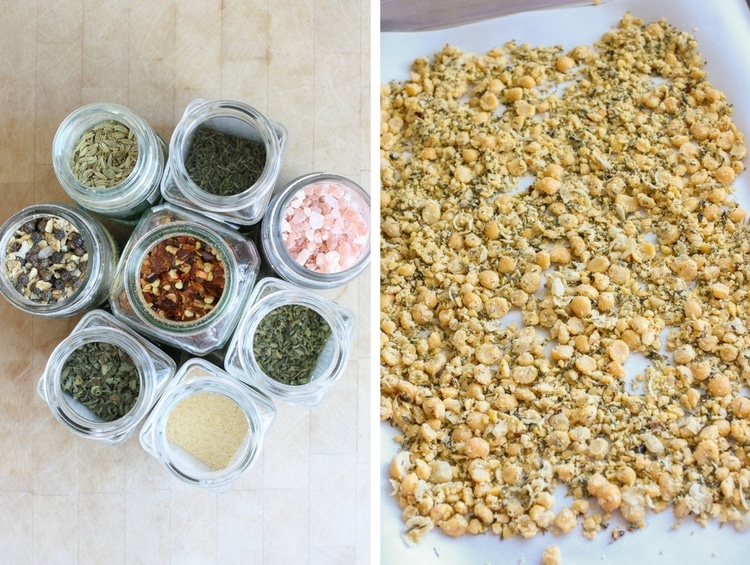 A collage photo of vegan sausage crumbles on a tray and spice jars