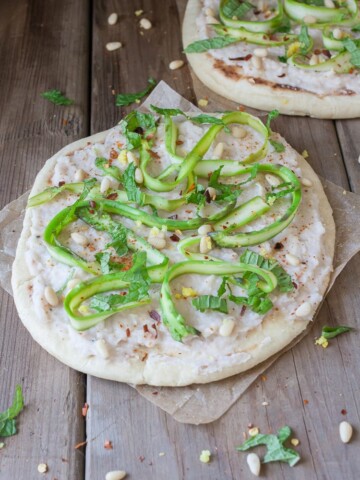 Asparagus flat bread with white bean puree