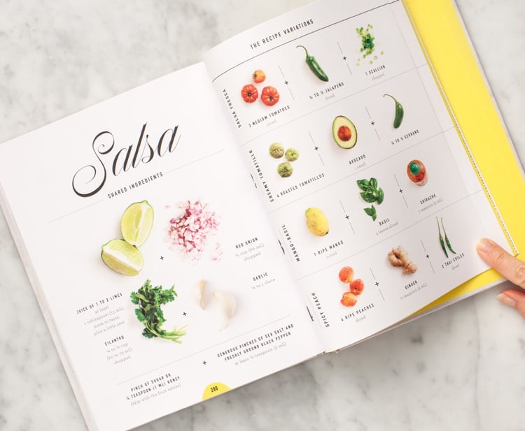 A photo of an open cookbook on a salsa page